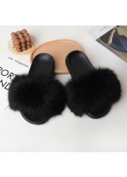 Women Summer New Synthetic Fox Fur Slippers Indoor Home Furry Cute Faux Raccoon Fur Non-slip Outdoor Home Shoes Beach Sandals