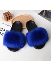 Women Summer New Synthetic Fox Fur Slippers Indoor Home Furry Cute Faux Raccoon Fur Non-slip Outdoor Home Shoes Beach Sandals