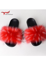 Women Summer New Synthetic Fox Fur Slippers Indoor Home Furry Cute Faux Raccoon Fur Non-slip Outdoor Home Shoes Beach Sandals