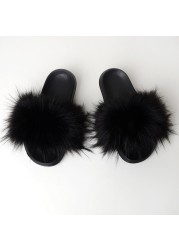 Women Summer New Synthetic Fox Fur Slippers Indoor Home Furry Cute Faux Raccoon Fur Non-slip Outdoor Home Shoes Beach Sandals