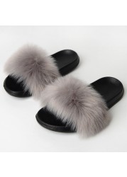 Women Summer New Synthetic Fox Fur Slippers Indoor Home Furry Cute Faux Raccoon Fur Non-slip Outdoor Home Shoes Beach Sandals