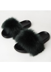 Women Summer New Synthetic Fox Fur Slippers Indoor Home Furry Cute Faux Raccoon Fur Non-slip Outdoor Home Shoes Beach Sandals