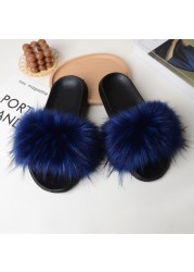 Women Summer New Synthetic Fox Fur Slippers Indoor Home Furry Cute Faux Raccoon Fur Non-slip Outdoor Home Shoes Beach Sandals