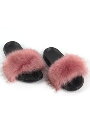 Women Summer New Synthetic Fox Fur Slippers Indoor Home Furry Cute Faux Raccoon Fur Non-slip Outdoor Home Shoes Beach Sandals