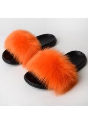 Women Summer New Synthetic Fox Fur Slippers Indoor Home Furry Cute Faux Raccoon Fur Non-slip Outdoor Home Shoes Beach Sandals