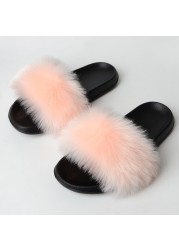 Women Summer New Synthetic Fox Fur Slippers Indoor Home Furry Cute Faux Raccoon Fur Non-slip Outdoor Home Shoes Beach Sandals