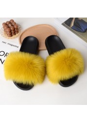 Women Summer New Synthetic Fox Fur Slippers Indoor Home Furry Cute Faux Raccoon Fur Non-slip Outdoor Home Shoes Beach Sandals