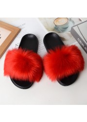 Women Summer New Synthetic Fox Fur Slippers Indoor Home Furry Cute Faux Raccoon Fur Non-slip Outdoor Home Shoes Beach Sandals