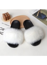 Women Summer New Synthetic Fox Fur Slippers Indoor Home Furry Cute Faux Raccoon Fur Non-slip Outdoor Home Shoes Beach Sandals