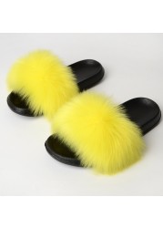 Women Summer New Synthetic Fox Fur Slippers Indoor Home Furry Cute Faux Raccoon Fur Non-slip Outdoor Home Shoes Beach Sandals