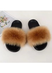 Women Summer New Synthetic Fox Fur Slippers Indoor Home Furry Cute Faux Raccoon Fur Non-slip Outdoor Home Shoes Beach Sandals