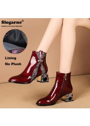 Women's shoes modern diamond high heels spring autumn patent leather waterproof female short ankle boots winter shoes party pump