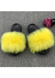 Fashion designer luxury ladies furry fur slippers colorful sandals rainbow shoes for women