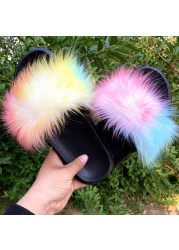 Fashion designer luxury ladies furry fur slippers colorful sandals rainbow shoes for women