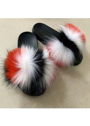 Fashion designer luxury ladies furry fur slippers colorful sandals rainbow shoes for women