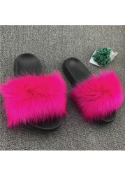 Fashion designer luxury ladies furry fur slippers colorful sandals rainbow shoes for women