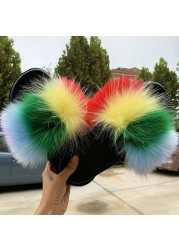 Fashion designer luxury ladies furry fur slippers colorful sandals rainbow shoes for women