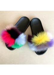 Fashion designer luxury ladies furry fur slippers colorful sandals rainbow shoes for women