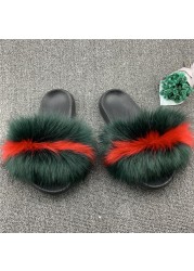 Fashion designer luxury ladies furry fur slippers colorful sandals rainbow shoes for women