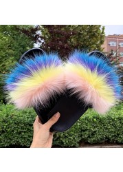 Fashion designer luxury ladies furry fur slippers colorful sandals rainbow shoes for women