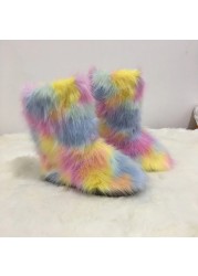 Women Snow Boots Outdoor Fur Boots Fluffy Fur Female Luxury Furry Plush Bottes Warm Mid-Calf Winter Boots Large Size Platform