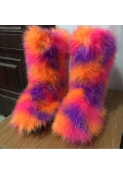 Women Snow Boots Outdoor Fur Boots Fluffy Fur Female Luxury Furry Plush Bottes Warm Mid-Calf Winter Boots Large Size Platform