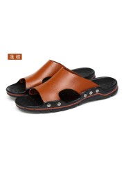 Shoes For Men Summer Slippers Genuine Leather Mens Flip Flops Comfortable Brown Beach Slides Bathroom Shoes Casual Home Slippers