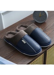 Couples Women Men Winter Slippers Home Cotton Shoes For Lovers Men Indoor Slippers Plush Warm Indoor PU Leather Waterproof Unisex