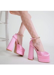 luxury platform satin square toe sheepskin rhinestone high heel shoes ladies pumps female sexy sandals for women