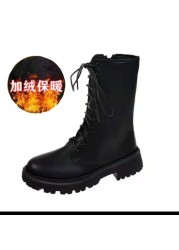 Soft leather motorcycle Martin boots single boots autumn and winter explosion style middle low-heeled British style thin boots