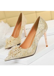 BIGTREE Pearl Floral Shoes Woman Pumps Rhinestone High Heels 2022 New Luxury Women's Heels Stiletto Plus Size Ladies Pumps