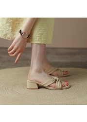 EGONERY Women Fashion Slippers Good Quality Genuine Leather Brand Summer Shoes Open Toe Thick Heel Retro Pumps Ladies 34-43 CN