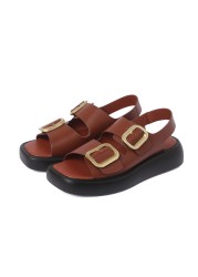 Metal buckle decoration split leather slip on women sandals flat platform fashion women's shoes summer sandals black beige