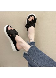 Summer ladies outdoor shopping flat slippers simple high platform open toe slides women flounce cloth soft soles walking shoes