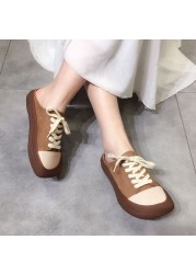 Half slippers women 2021 spring and summer new cool slippers contrast color retro handmade square lace up soft-soled shoes