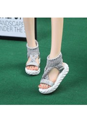 Women Gladiator Sandals Summer Flat Wool Shoes Thick Bottom Knitting Solid Sandals Ladies Platform Sandalias Zapatos Mujer