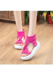 Women Gladiator Sandals Summer Flat Wool Shoes Thick Bottom Knitting Solid Sandals Ladies Platform Sandalias Zapatos Mujer