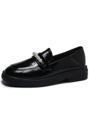 lucifer pearl pu leather loafers shoes for women buckle slip on platform flats woman 2022 spring black round toe office shoes