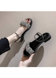 2021 New Low Heels Versatile High Heels Women Square Heel Single Line Roman Shoes Rhinestone Sandals Gladiator Slippers