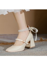 Lucifer Pearl Women Ankle Strap Mary Jane 2022 Elegant Chunky Heel Party Wedding Shoes Female Square Toe Pumps