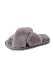 Women Fluffy Winter Sandal Cross Velor Open Toe Sandal Soft Warm Flat Shoes Faux Fur Slippers Home Women's Shoes WJ004