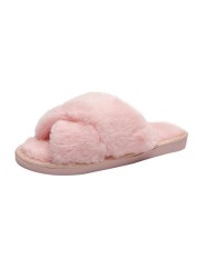 Women Fluffy Winter Sandal Cross Velor Open Toe Sandal Soft Warm Flat Shoes Faux Fur Slippers Home Women's Shoes WJ004