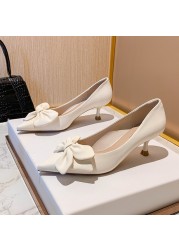 Rimocy Sexy Pointed Toe Bowknot Pumps Women Slip On PU Leather High Heel Shoes Woman Thin Heel Solid Color Green Party Shoes