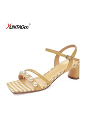 Women Sandals PU Leather Candy Color Summer Women Shoes Fashion Square Toe Stringy Heels Shoes Size 35-39