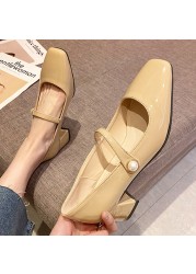 Rimocy Women Elegant Pearl Mary Janes Summer 2022 Simple Patent Leather Mid Heel Pumps Woman Black Square Heels Thick Heel Shoes