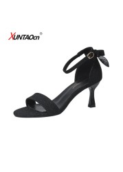 Flock Beige High Heels Sandals for Women 2020 Summer Shoes Women Fashion Open Toe Buckle Casual Sandals Square Heel Women's Shoes