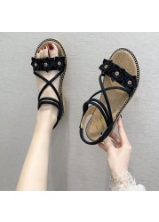 2021 summer ladies pink suede rhinestone flower elastic band platform sandals women ankle strap peep toe flat shoes size 35-39