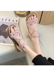 2021 summer ladies pink suede rhinestone flower elastic band platform sandals women ankle strap peep toe flat shoes size 35-39