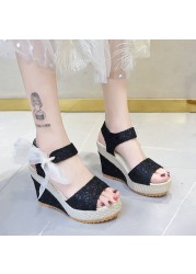 Summer women's I-shaped buckle platform peep toe wedge sandals ladies dress temperament elegant high heels hook and loop shoes