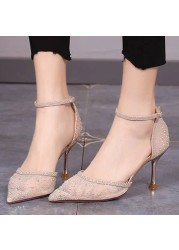 Lucifer Sexy Black Mesh High Heels Women Shoes Summer 2022 Pointed Toe Crystal Pumps Woman Shiny Ankle Strap Party Ladies Shoes